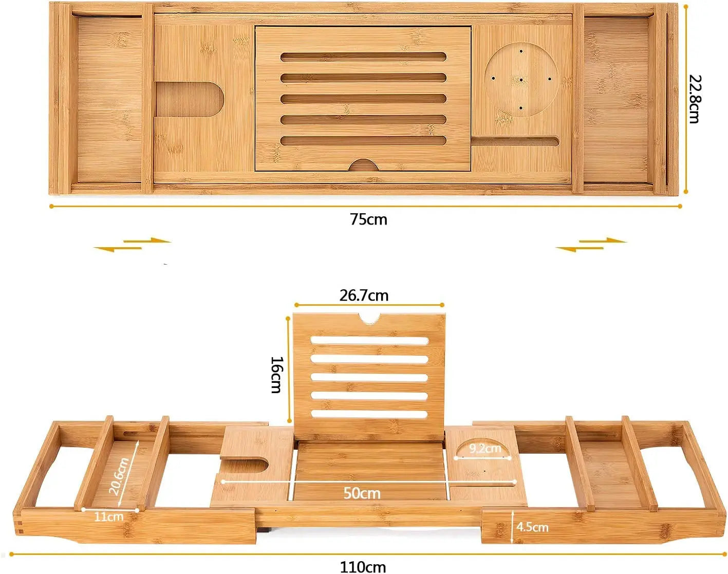 Bamboo Bathtub Caddy Tray with Extending Sides, Cellphone Ipad Tray and Wineglass Holder,Free Soap Holder