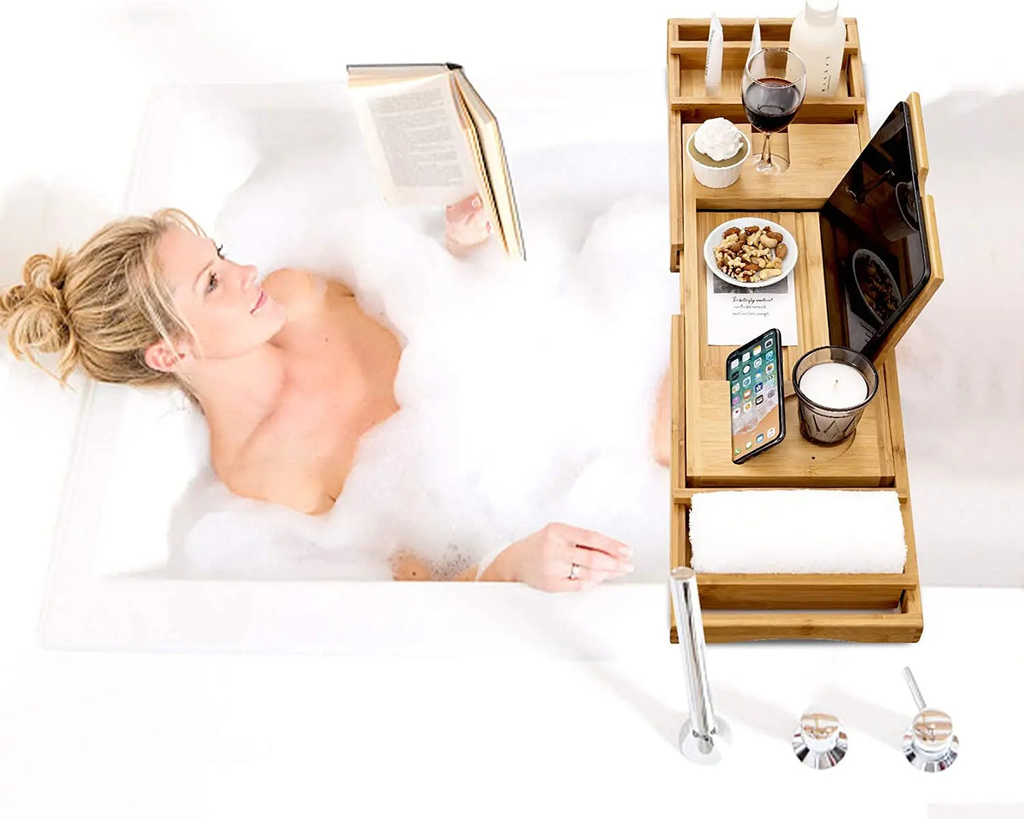 Bamboo Bathtub Caddy Tray with Extending Sides, Cellphone Ipad Tray and Wineglass Holder,Free Soap Holder