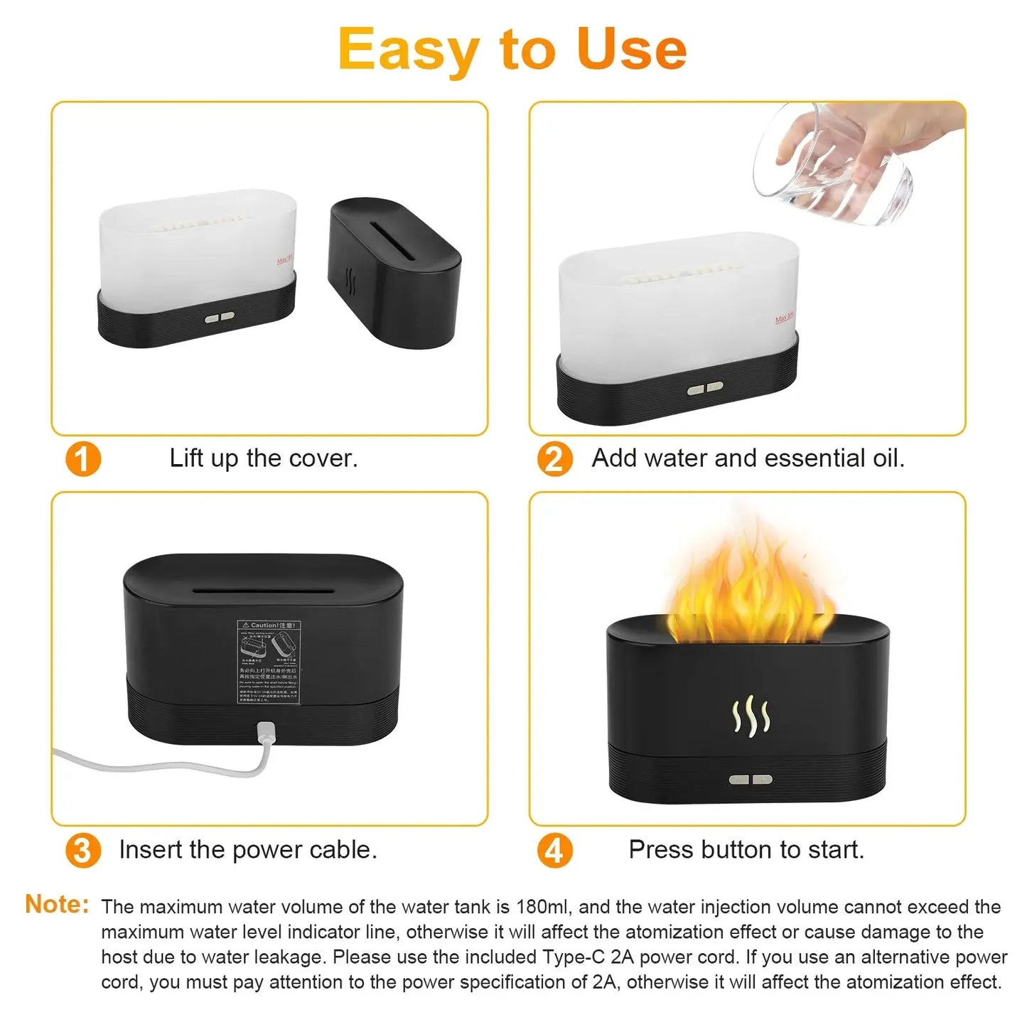 180Ml Flame Air Humidifier Essential Oil Diffuser, 3D USB 7 Color Light Aroma Diffuser for Home, Office, Spa, Gym