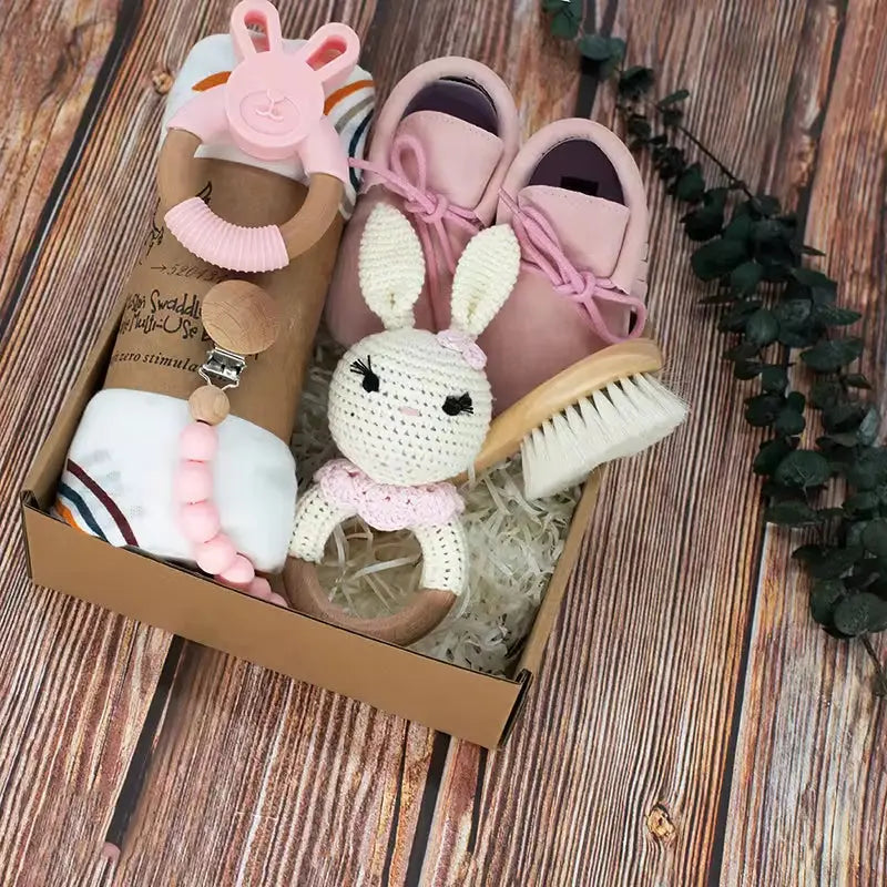 Crochet Bunny Baby Rattle Bamboo Swaddle Blanket Newborn Gift Set for Babies Shower Bath Gift Box