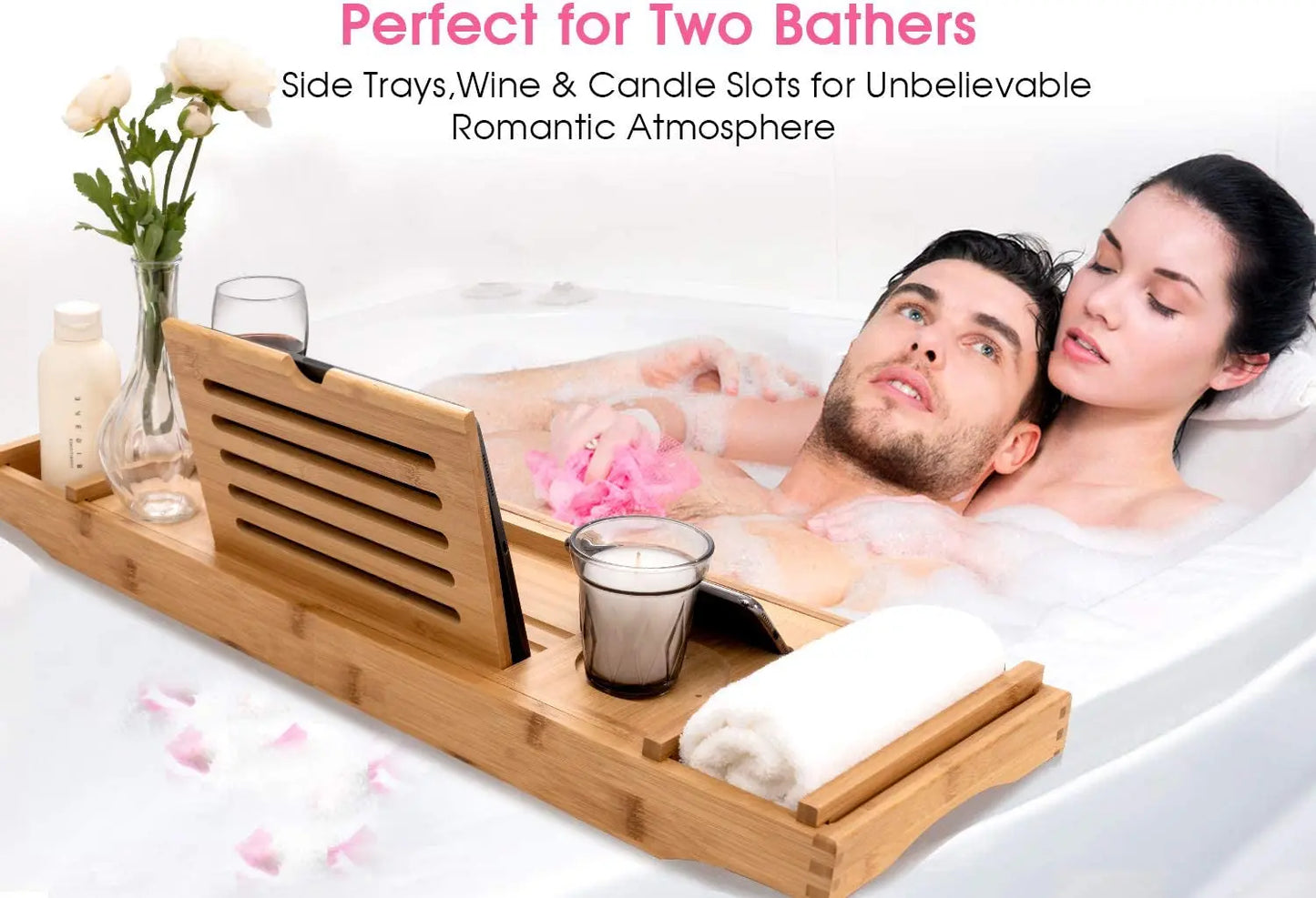 Bamboo Bathtub Caddy Tray with Extending Sides, Cellphone Ipad Tray and Wineglass Holder,Free Soap Holder