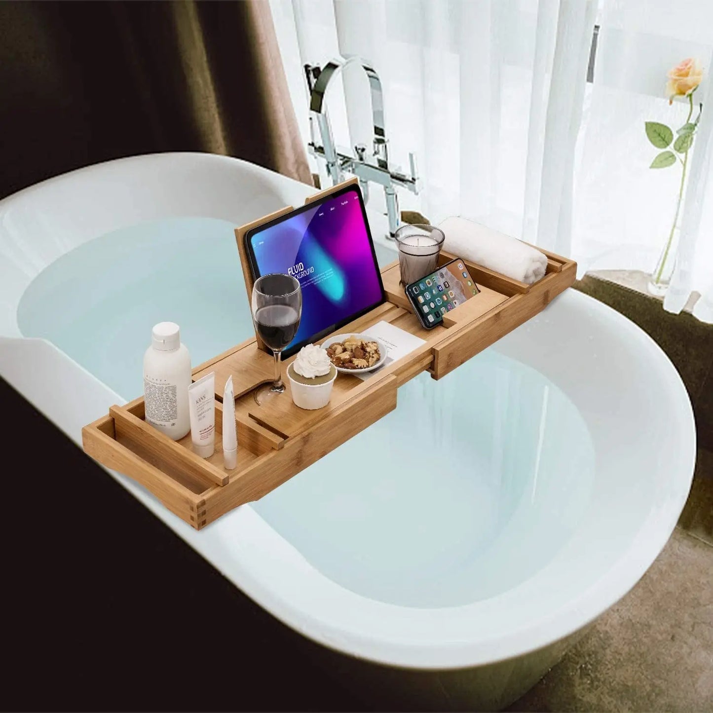Bamboo Bathtub Caddy Tray with Extending Sides, Cellphone Ipad Tray and Wineglass Holder,Free Soap Holder