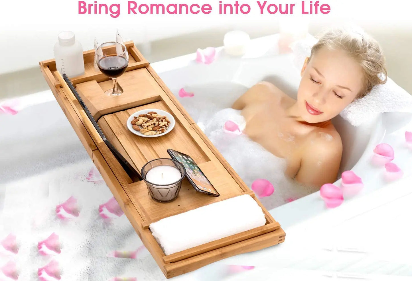 Bamboo Bathtub Caddy Tray with Extending Sides, Cellphone Ipad Tray and Wineglass Holder,Free Soap Holder