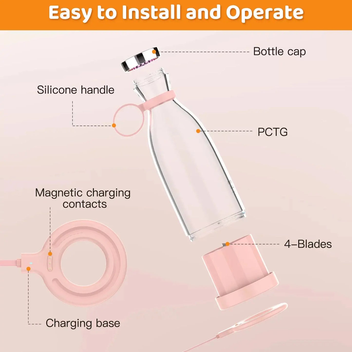 Portable Blender, Electric Blender Bottle Juicer Cup, Personal Blender for Shakes and Smoothies Mini Juicer Wireless Fruit Blenders Bottle Travel School Kitchen Juice Maker