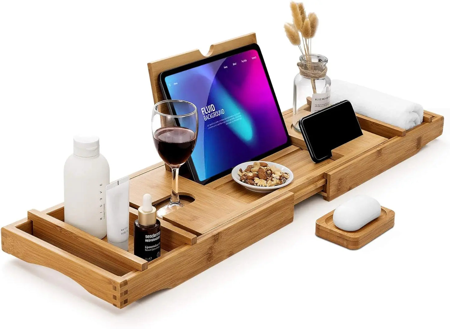 Bamboo Bathtub Caddy Tray with Extending Sides, Cellphone Ipad Tray and Wineglass Holder,Free Soap Holder