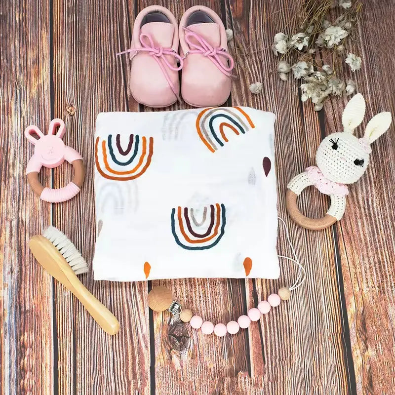Crochet Bunny Baby Rattle Bamboo Swaddle Blanket Newborn Gift Set for Babies Shower Bath Gift Box
