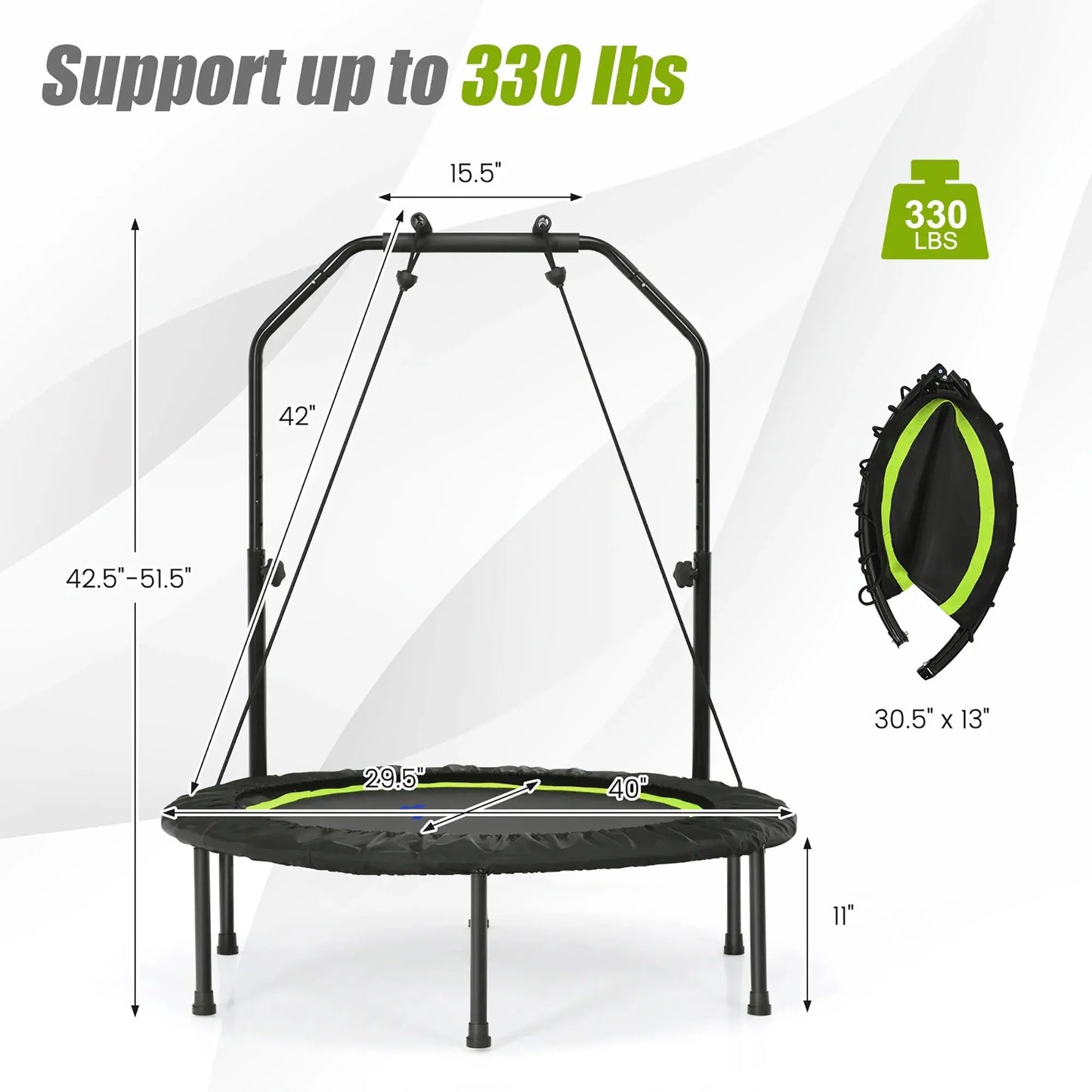 40'' Foldable Trampoline Fitness Rebounder with Resistance Bands Adjustable Home Green