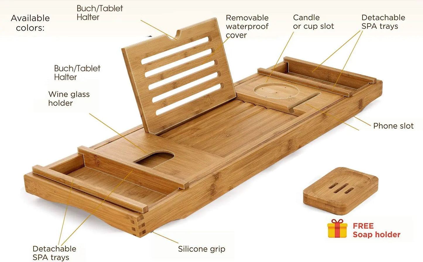 Bamboo Bathtub Caddy Tray with Extending Sides, Cellphone Ipad Tray and Wineglass Holder,Free Soap Holder