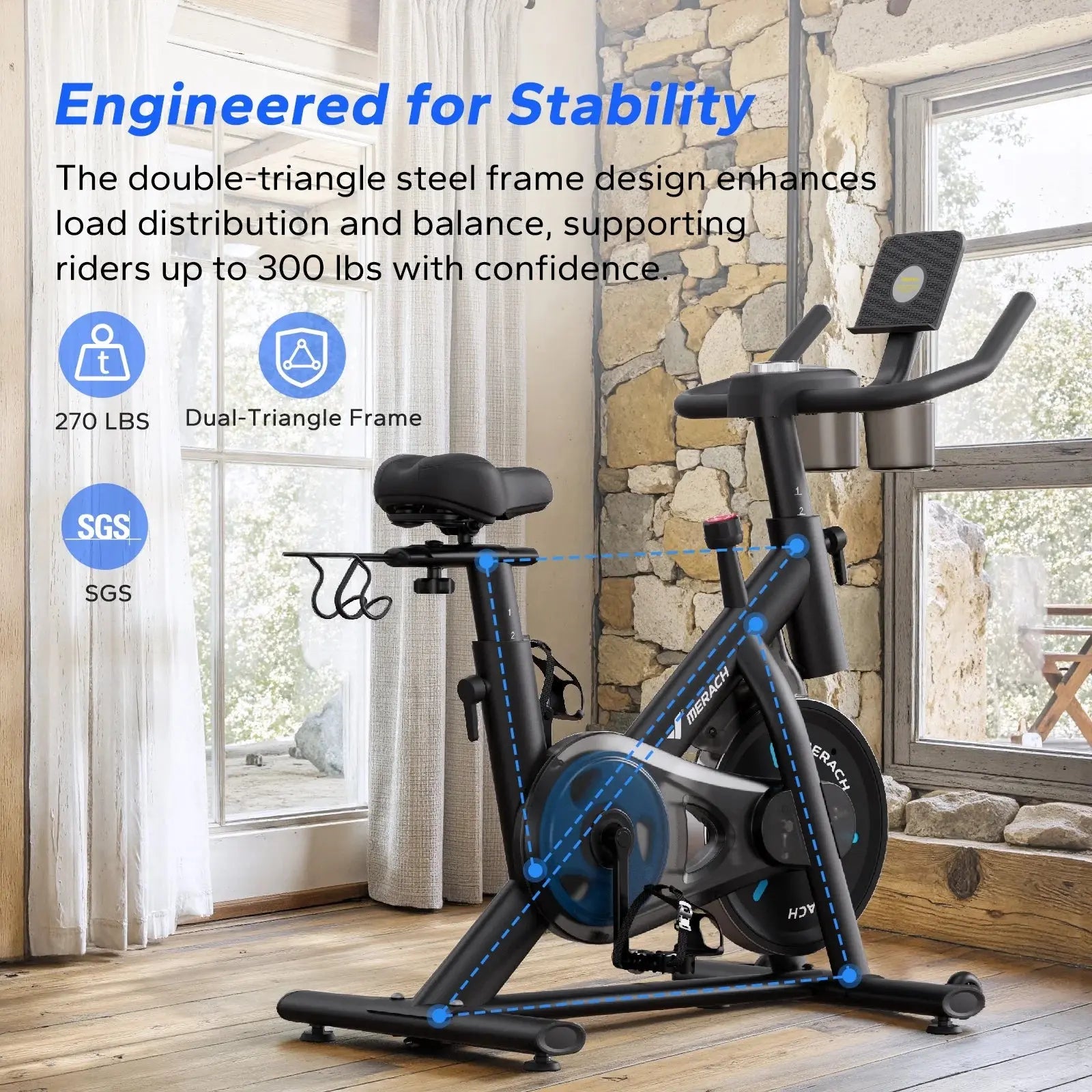 Exercise Bike Magnetic Home Stationary Bike with Free App Quiet Indoor Cycling Bike with 300Lbs Weight Capacity Dumbbell Rack