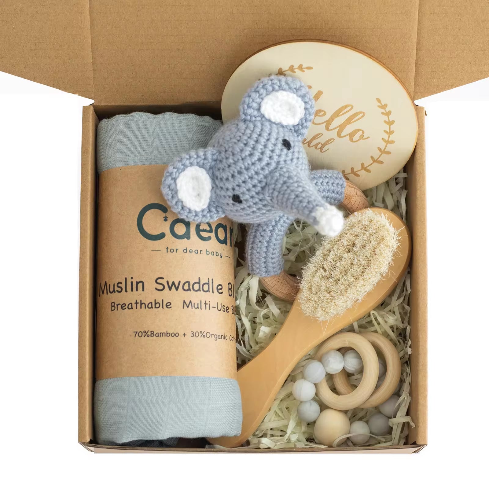 Newborn Bamboo Cotton Swaddle Blanket with Teether Gift Box Crochet Animal Rattle Teething Pacifier Chain Baby Shower Gift Set