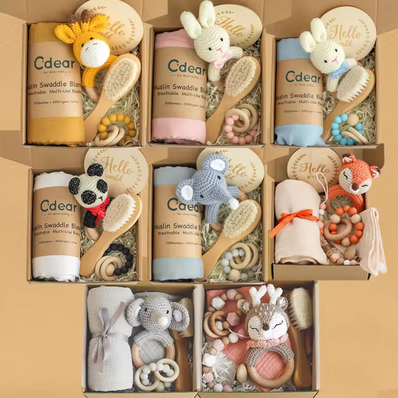 Newborn Bamboo Cotton Swaddle Blanket with Teether Gift Box Crochet Animal Rattle Teething Pacifier Chain Baby Shower Gift Set