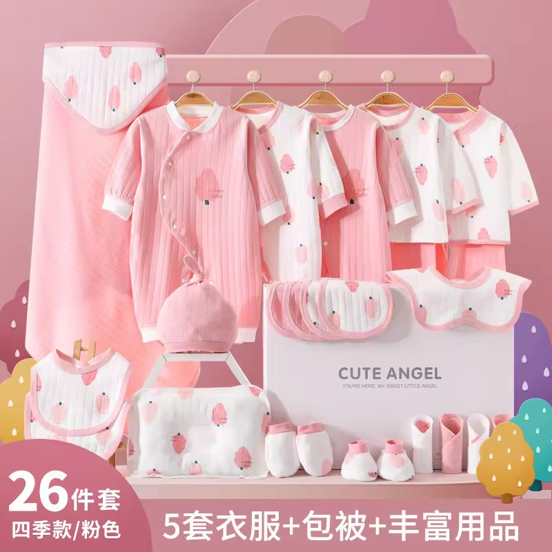 Spring Babies Gift Box 100% Cotton Clothing Sets 24Pcs 26Pcs Pink Green Yellow New Born Baby Clothes Gift Set