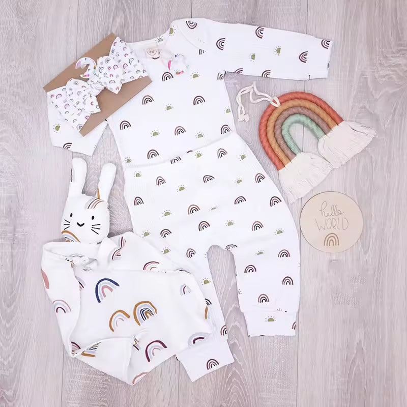 Infant Toddler Rainbow Print Cotton Bodysuit Pants Sets Long Sleeve Romper Pants 6Pcs Rainbow Pajama Set