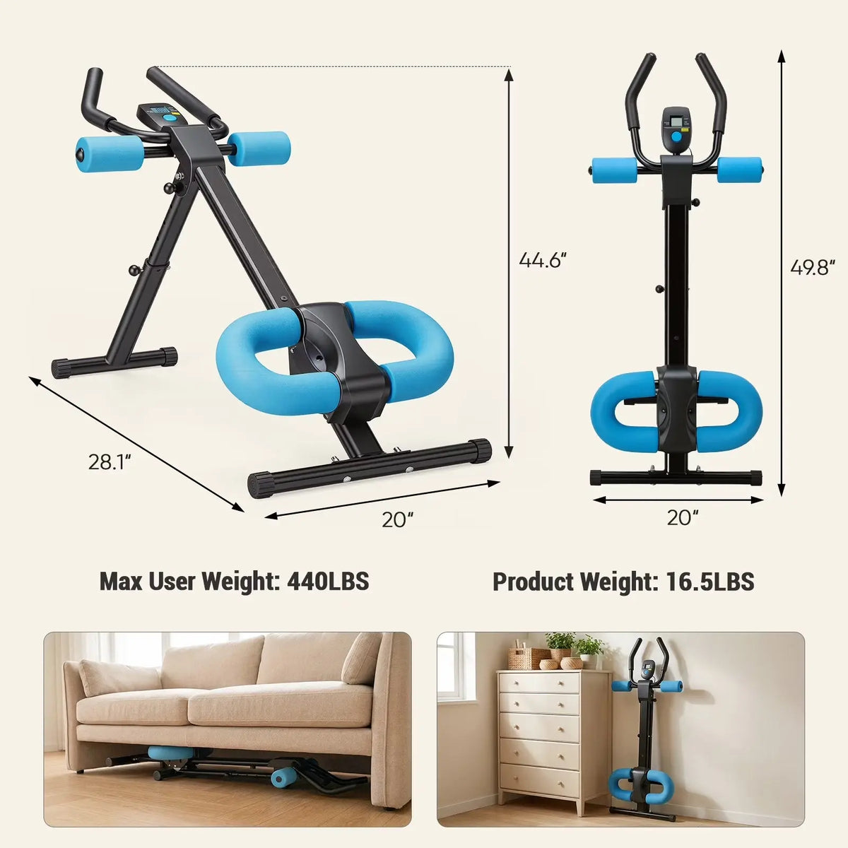 Ab Machine for Home Gym, Adjustable Ab Workout Equipment with LCD Display, Foldable Core Trainer, 440 Lbs Capacity, Blue