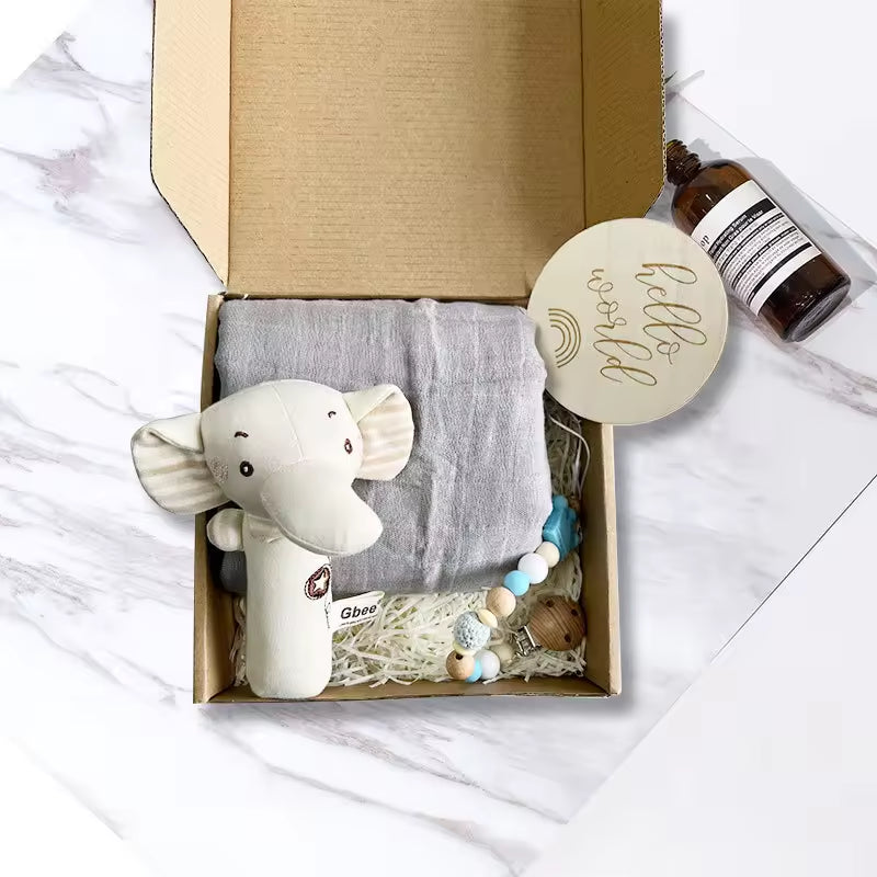 Organic Cotton Printed Blanket Baby Shower Gift Set Box Newborn Baby Rattle Milestone Wooden Toy Set