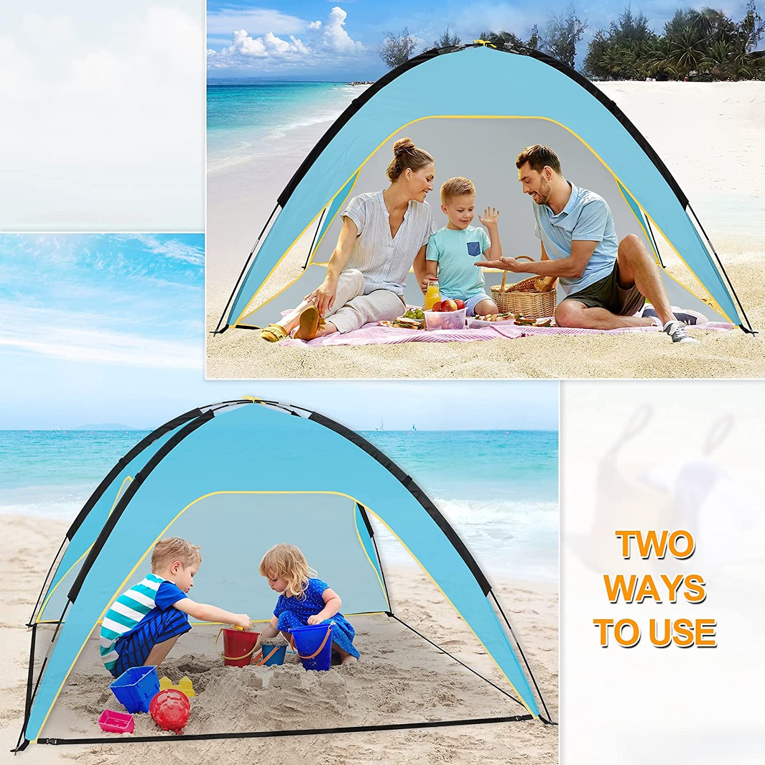 Beach Tent, Portable Beach Sun Shelter for UPF 50+ UV Protection, Easy Set up 3-4 Person Beach Tent Shade with Carry Bag, anti UV Beach Canopy Tent for Fishing Hiking Camping