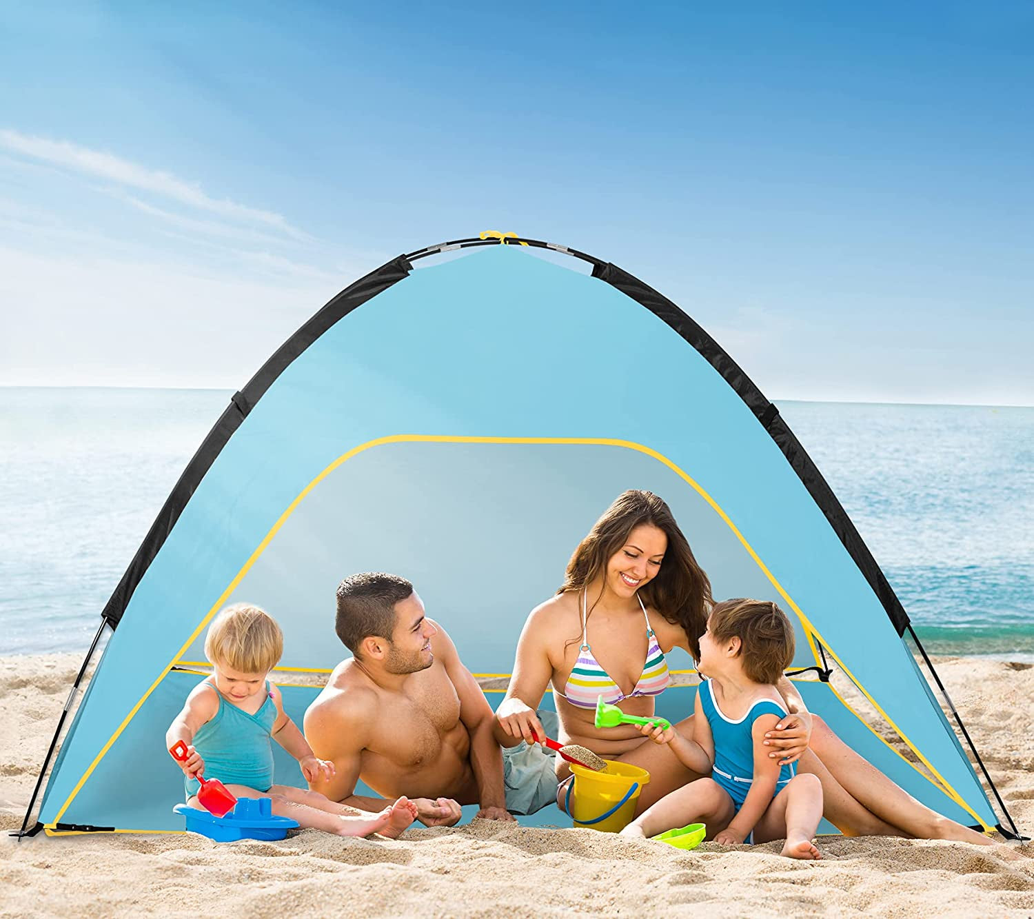 Beach Tent, Portable Beach Sun Shelter for UPF 50+ UV Protection, Easy Set up 3-4 Person Beach Tent Shade with Carry Bag, anti UV Beach Canopy Tent for Fishing Hiking Camping