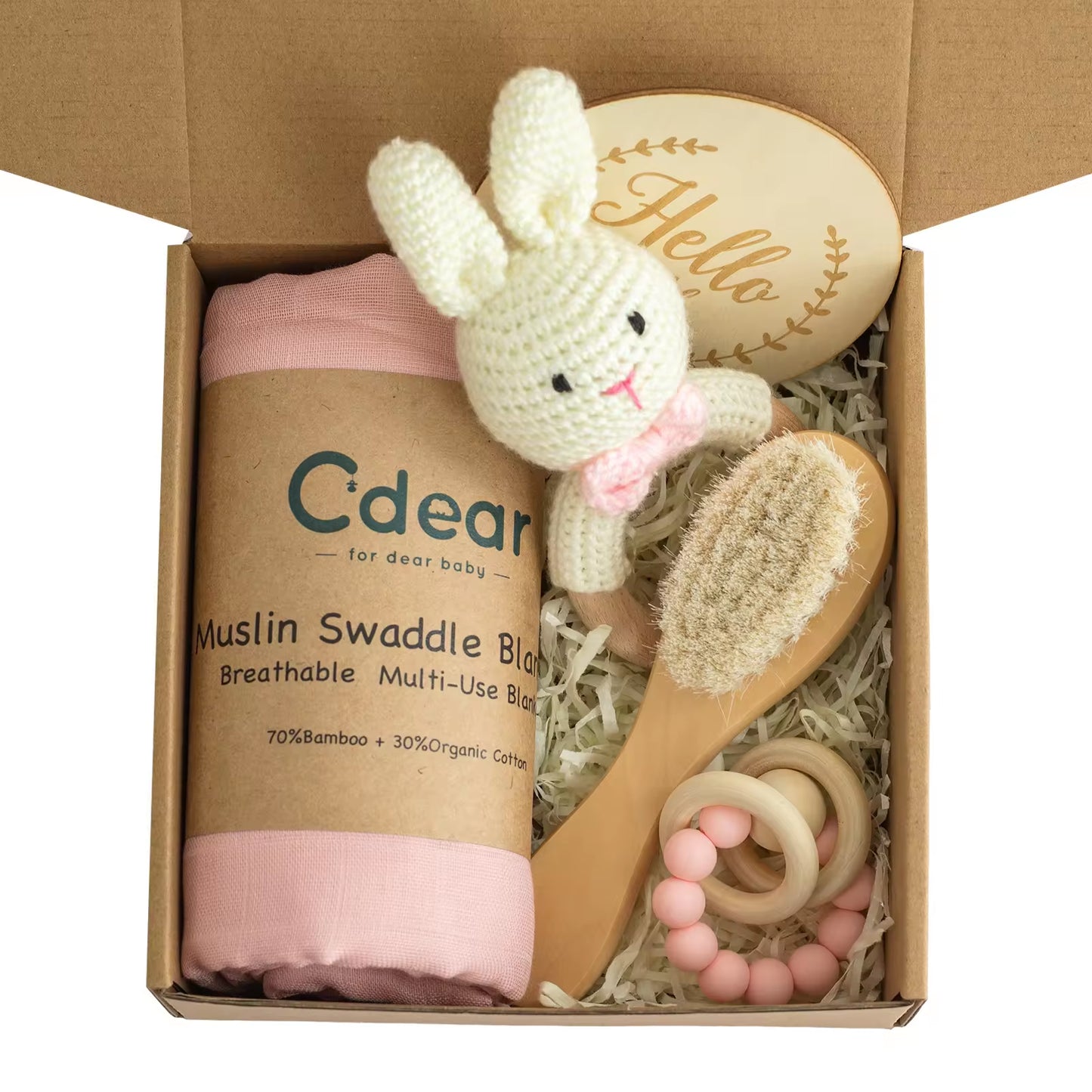 Newborn Bamboo Cotton Swaddle Blanket with Teether Gift Box Crochet Animal Rattle Teething Pacifier Chain Baby Shower Gift Set