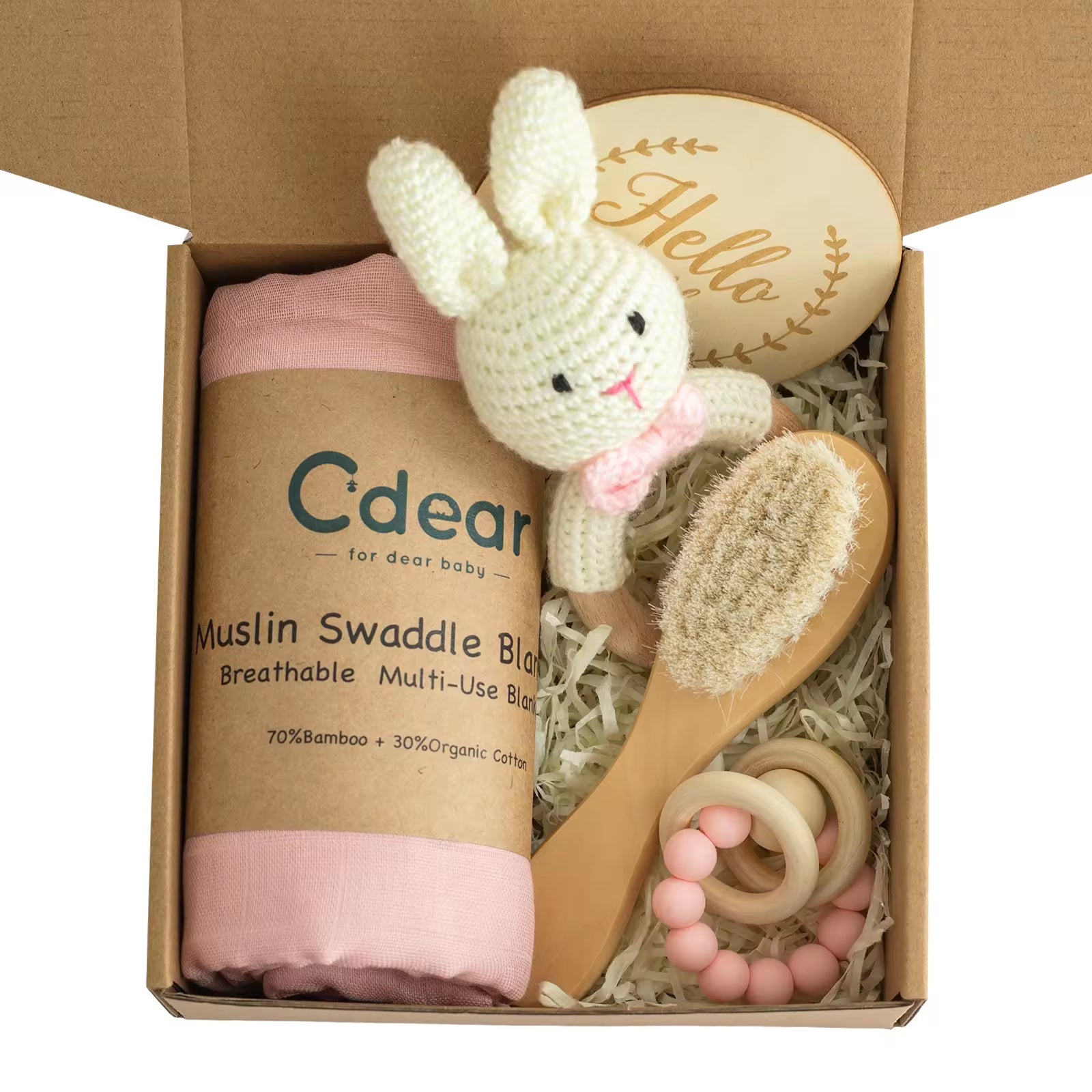 Newborn Bamboo Cotton Swaddle Blanket with Teether Gift Box Crochet Animal Rattle Teething Pacifier Chain Baby Shower Gift Set