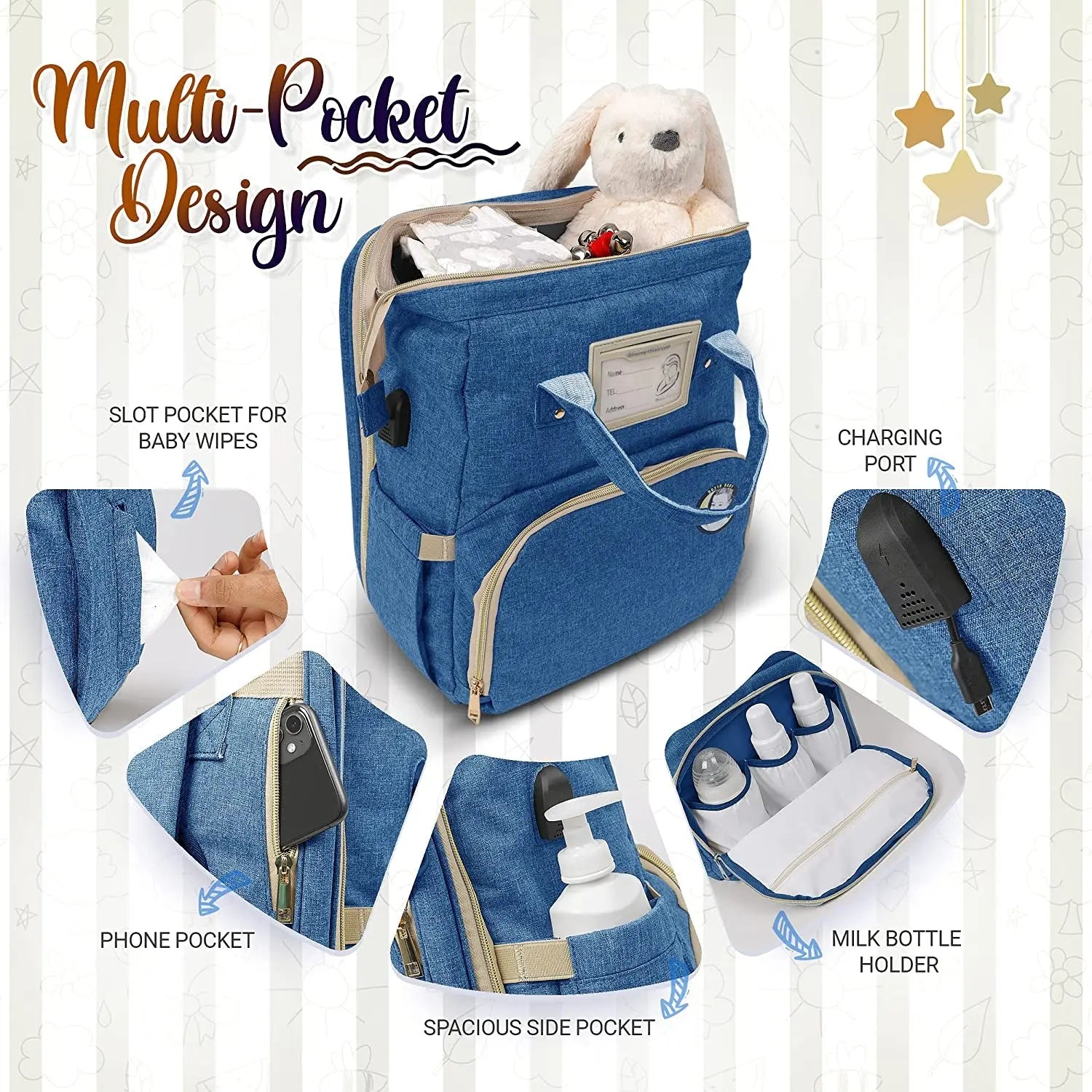 Diaper Bag with Changing Station – Diaper Bag Backpack and USB Port, Insulated Bottle Bag, Mosquito Net, Sunshade – Comfortable and Stylish with Practical Stroller Hooks (Blue)