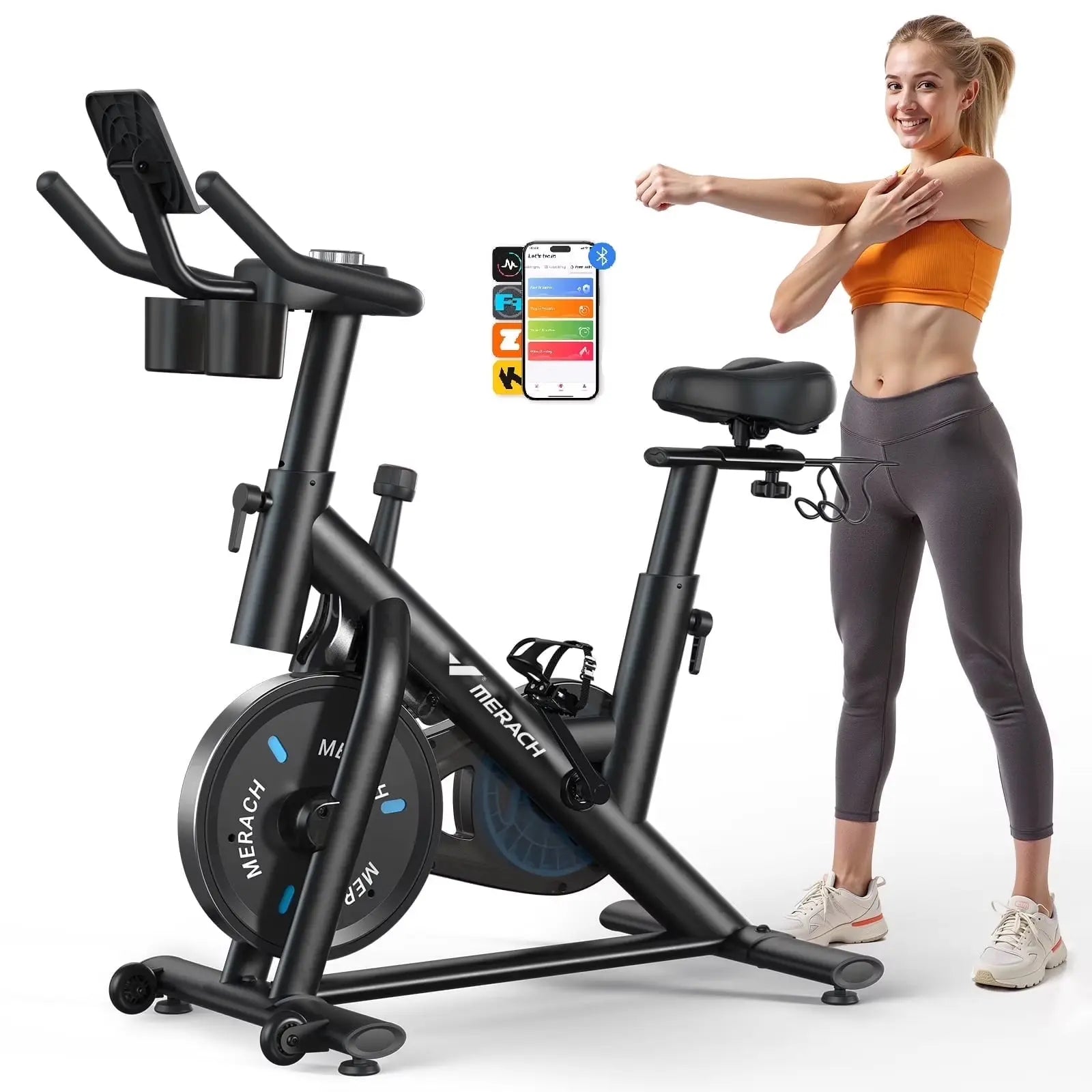 Exercise Bike Magnetic Home Stationary Bike with Free App Quiet Indoor Cycling Bike with 300Lbs Weight Capacity Dumbbell Rack