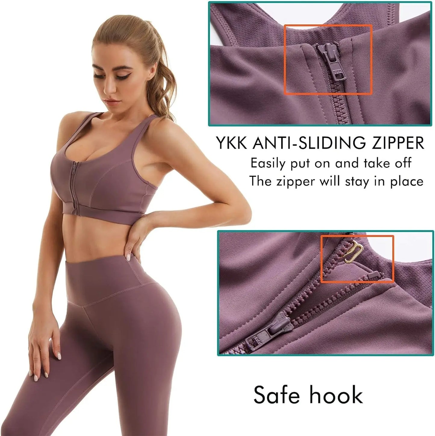 Womens Sports Bra with Zip Closure and Racerback,Wireless Bras,Four-Way Stretch Fabric with Removable Padded