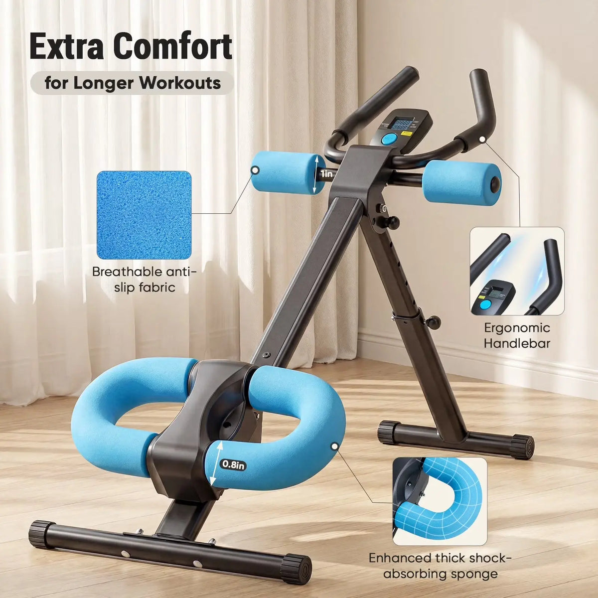 Ab Machine for Home Gym, Adjustable Ab Workout Equipment with LCD Display, Foldable Core Trainer, 440 Lbs Capacity, Blue