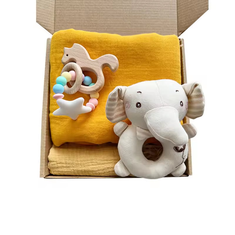 Organic Cotton Printed Blanket Baby Shower Gift Set Box Newborn Baby Rattle Milestone Wooden Toy Set