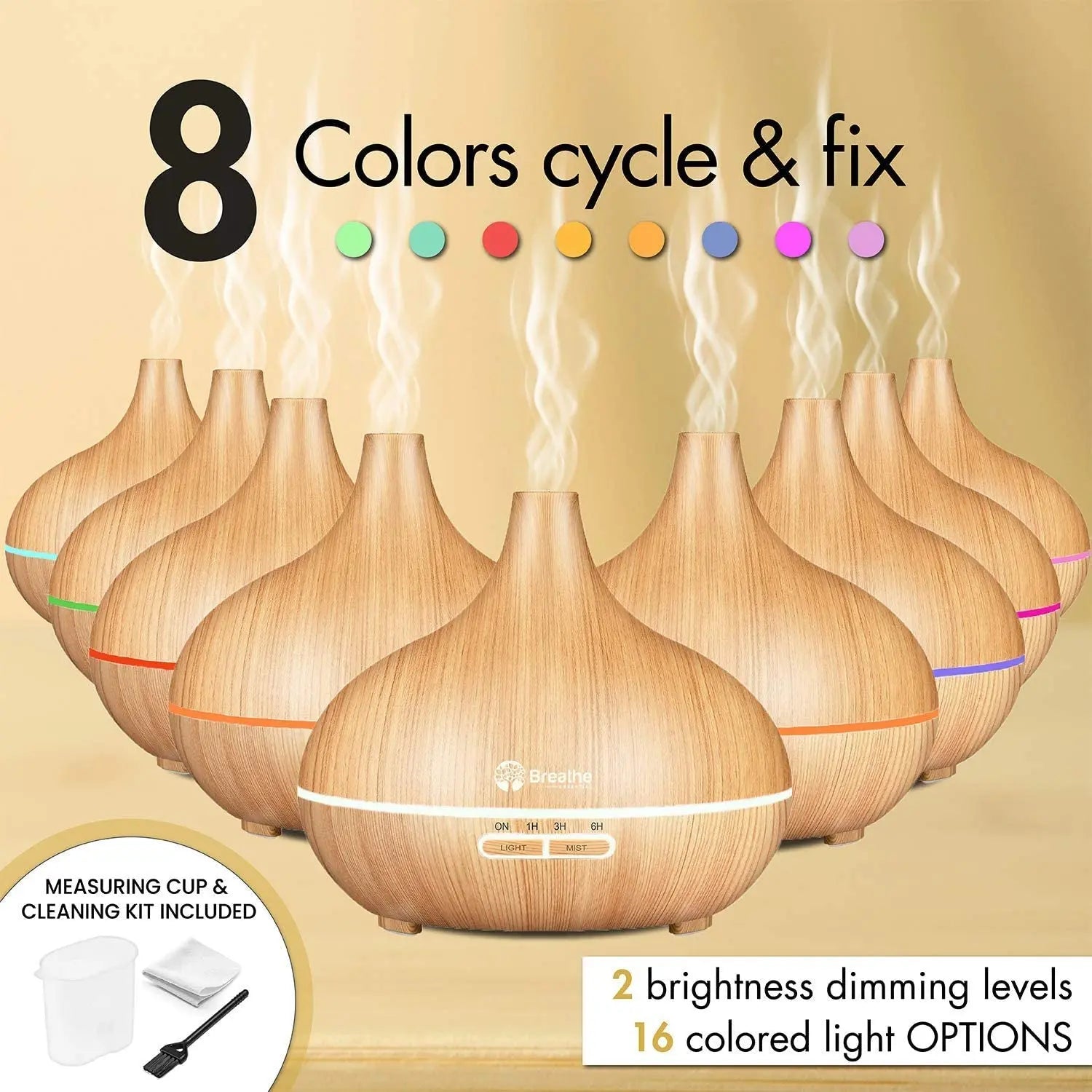 Oil Diffuser | 550Ml Diffusers for Essential Oils with Cleaning Kit &amp; Measuring Cup, 18 Hour Runtime, 16 LED Light Settings &amp; Auto Power off (Natural Oak)