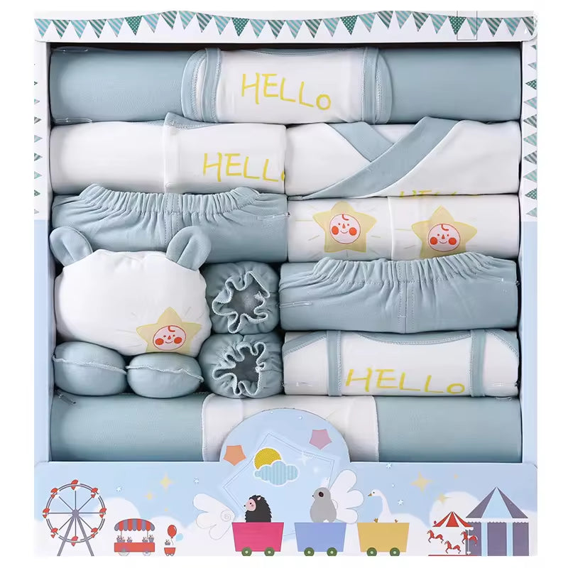 High Grade Autumn Comfortable Skincare Pure Cotton 18Pcs Blue Cute Newborn Baby Gift Set Box