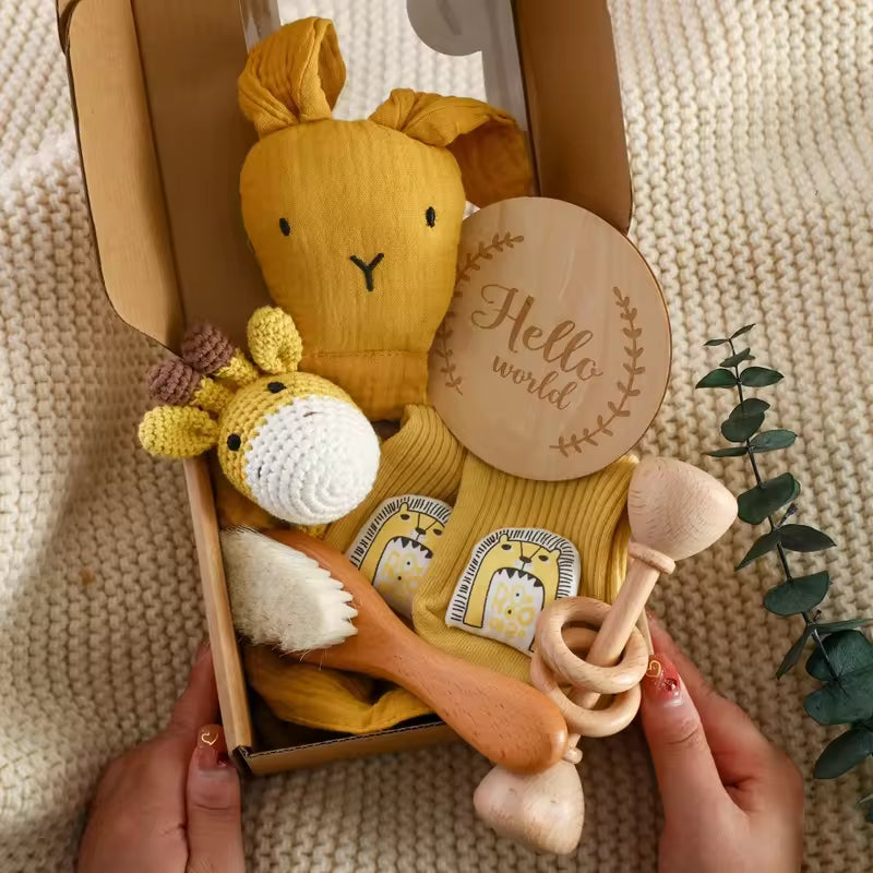 Customized Newborn Baby Wood Silicone Gift Box Crochet Rabbit Fox Elephant Baby Teething Rattle Toys