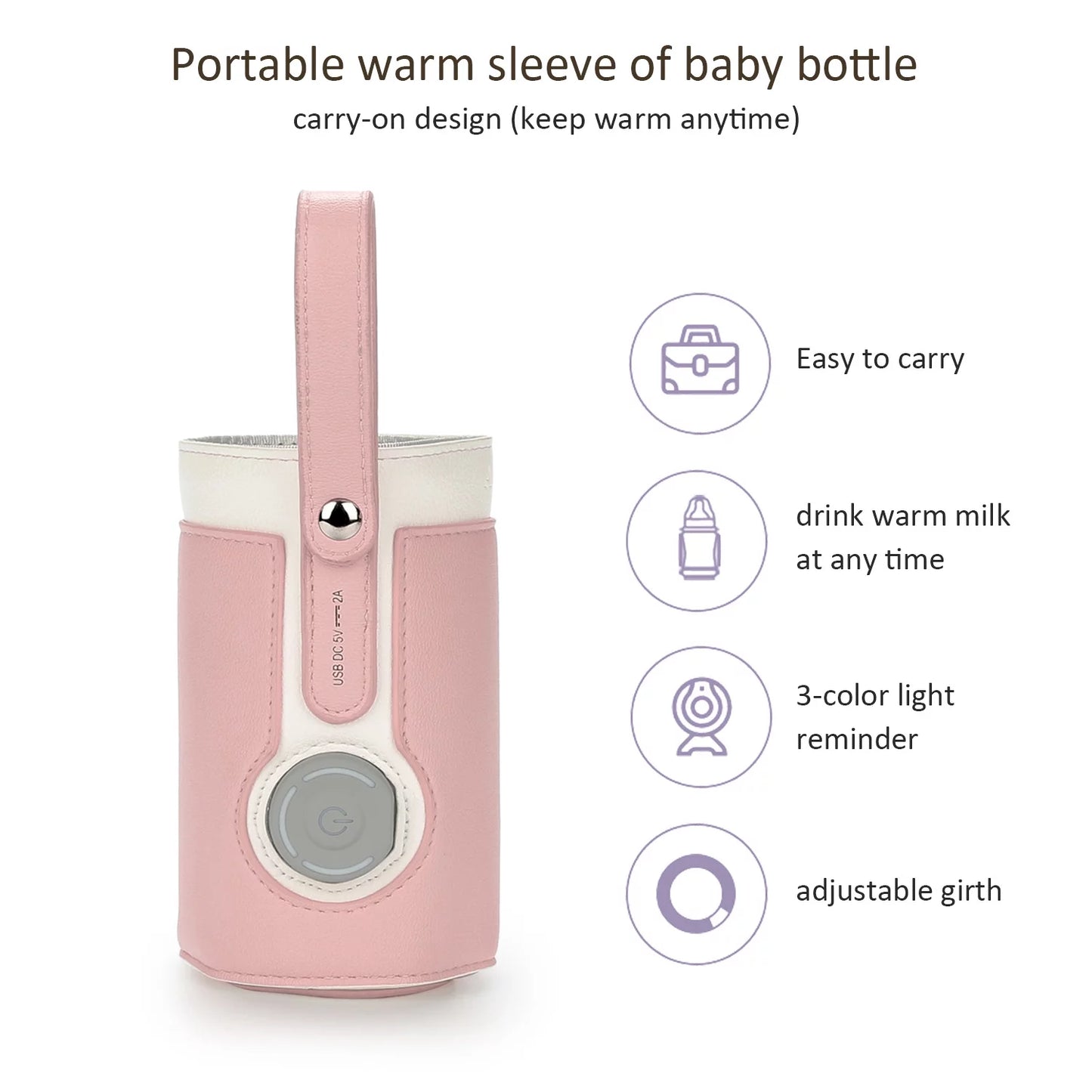 Portable Bottle Warmer,  Intelligent Bottle Warmer, Fast Charge, 3-Speed Temperature Regulation, Pink