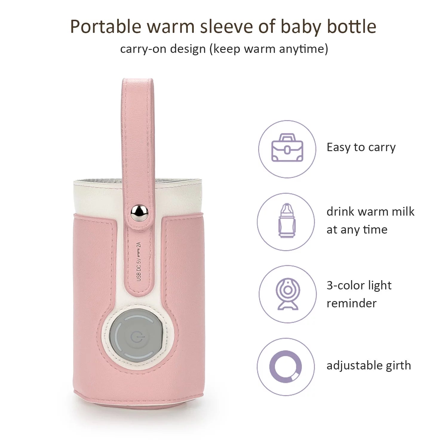 Portable Bottle Warmer,  Intelligent Bottle Warmer, Fast Charge, 3-Speed Temperature Regulation, Pink