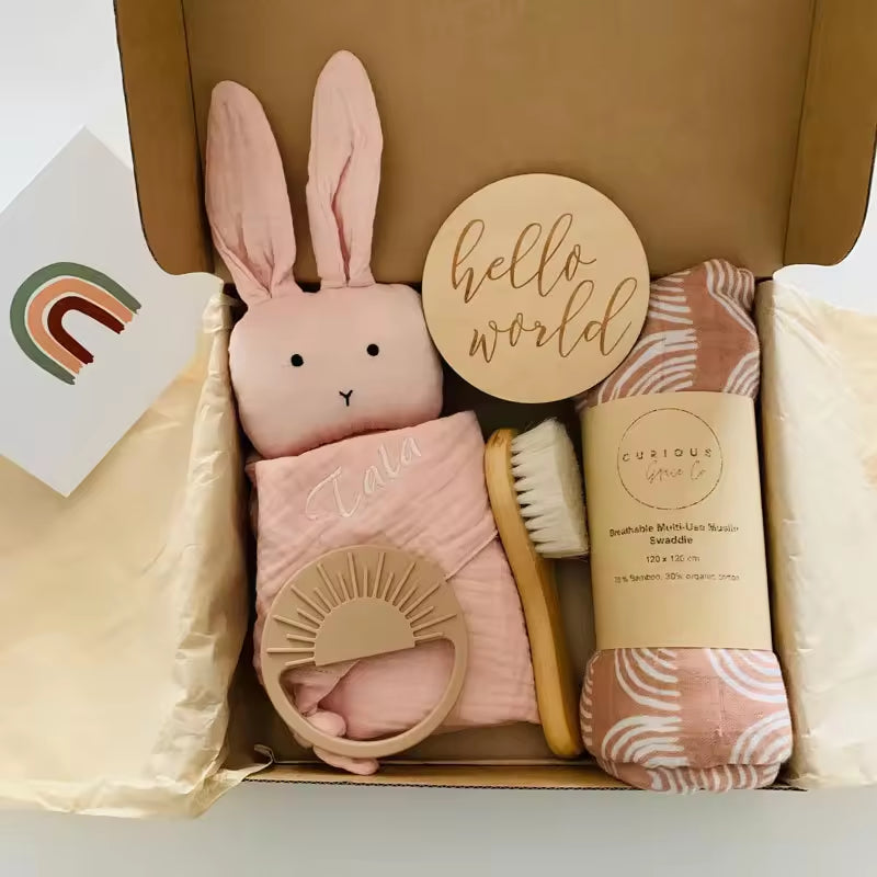 Organic Cotton Printed Blanket Baby Shower Gift Set Box Newborn Baby Rattle Milestone Wooden Toy Set