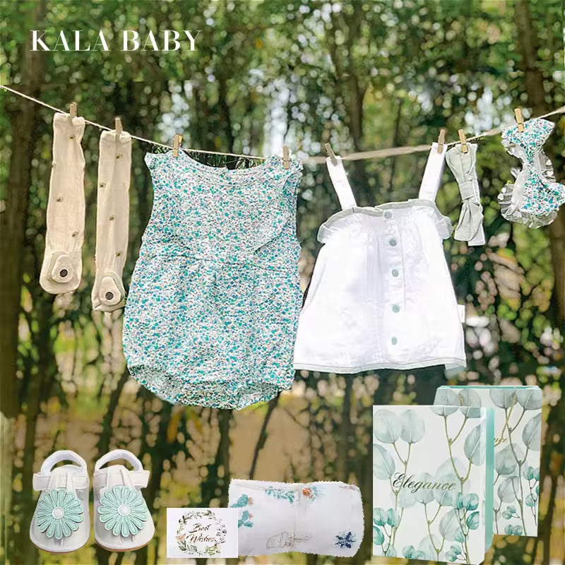 High Quality Cotton Newborn Girls Clothing Sets in Summer Printing Baby Infant Romper Shoes Shower Gift Set