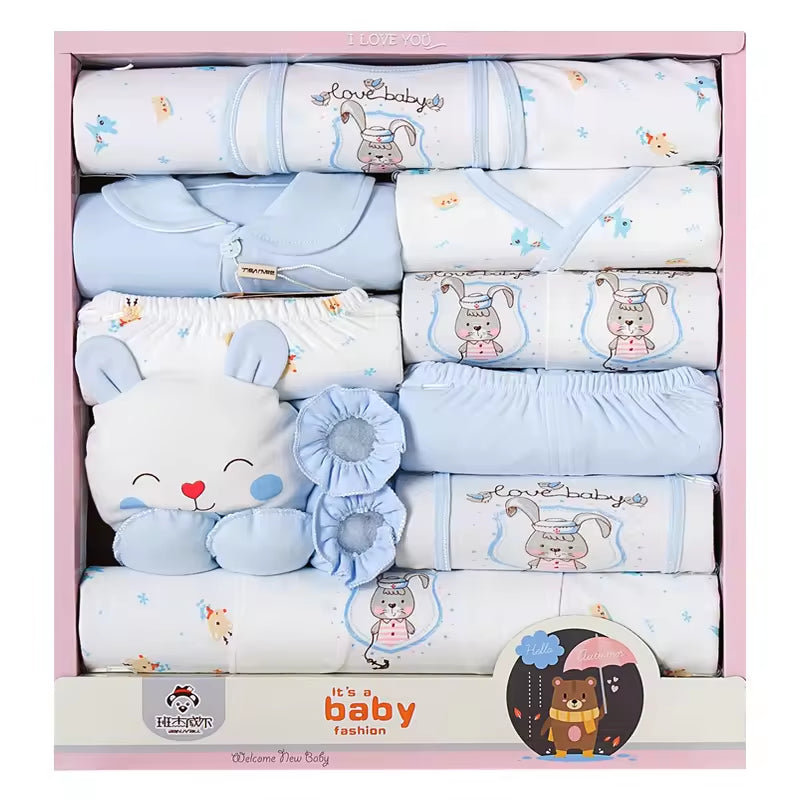 High Grade Autumn Comfortable Skincare Pure Cotton 18Pcs Blue Cute Newborn Baby Gift Set Box