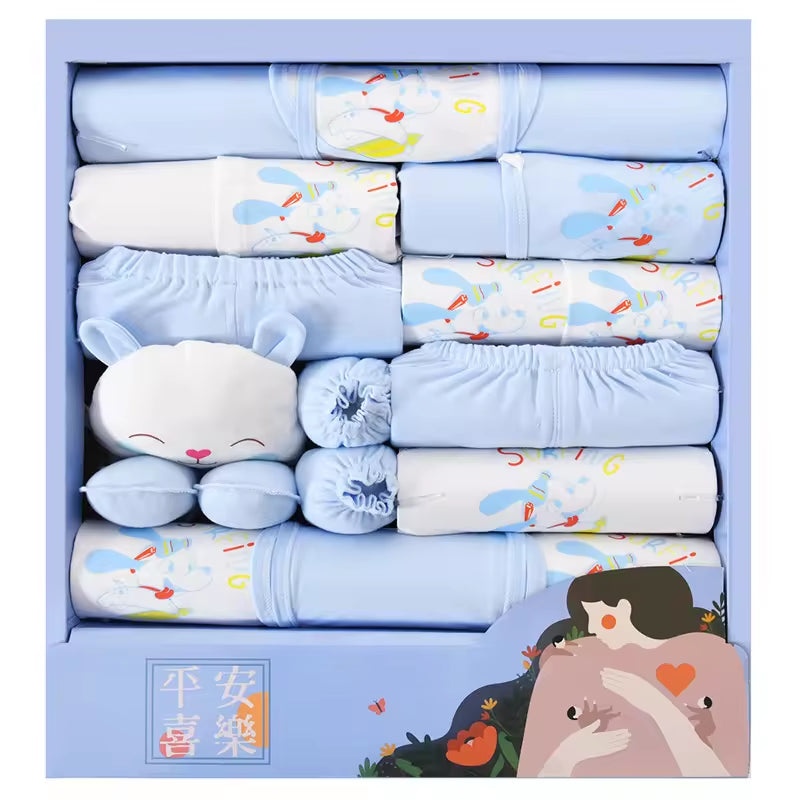 High Grade Autumn Comfortable Skincare Pure Cotton 18Pcs Blue Cute Newborn Baby Gift Set Box