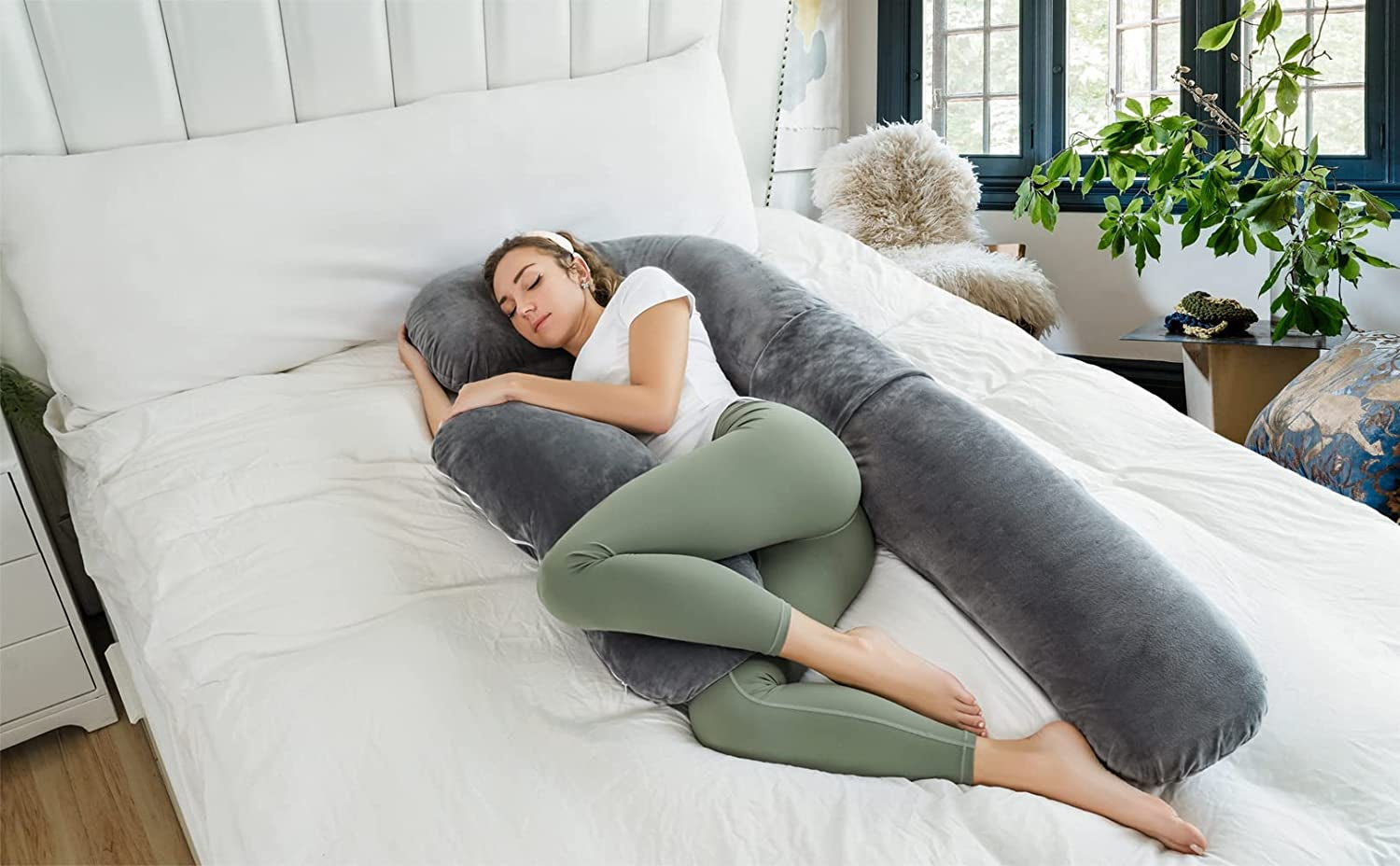 Pregnancy Pillows, U Shaped Pregnant Pillows for Sleeping, Maternity Full Body Support Pillow with Removable Velvet Cover, Gray