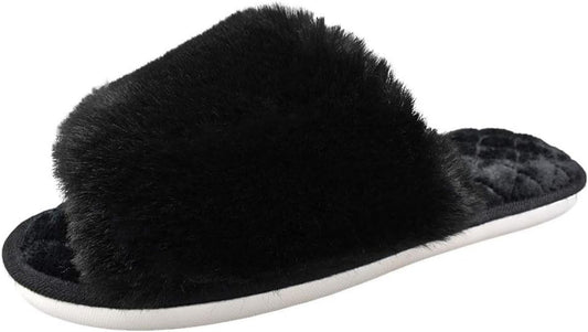 Women'S Fuzzy Fur Flat Slippers Soft Open Toe House Slippers Memory Foam Sandals Slides Home Slippers for Girls Men Indoor Outdoor