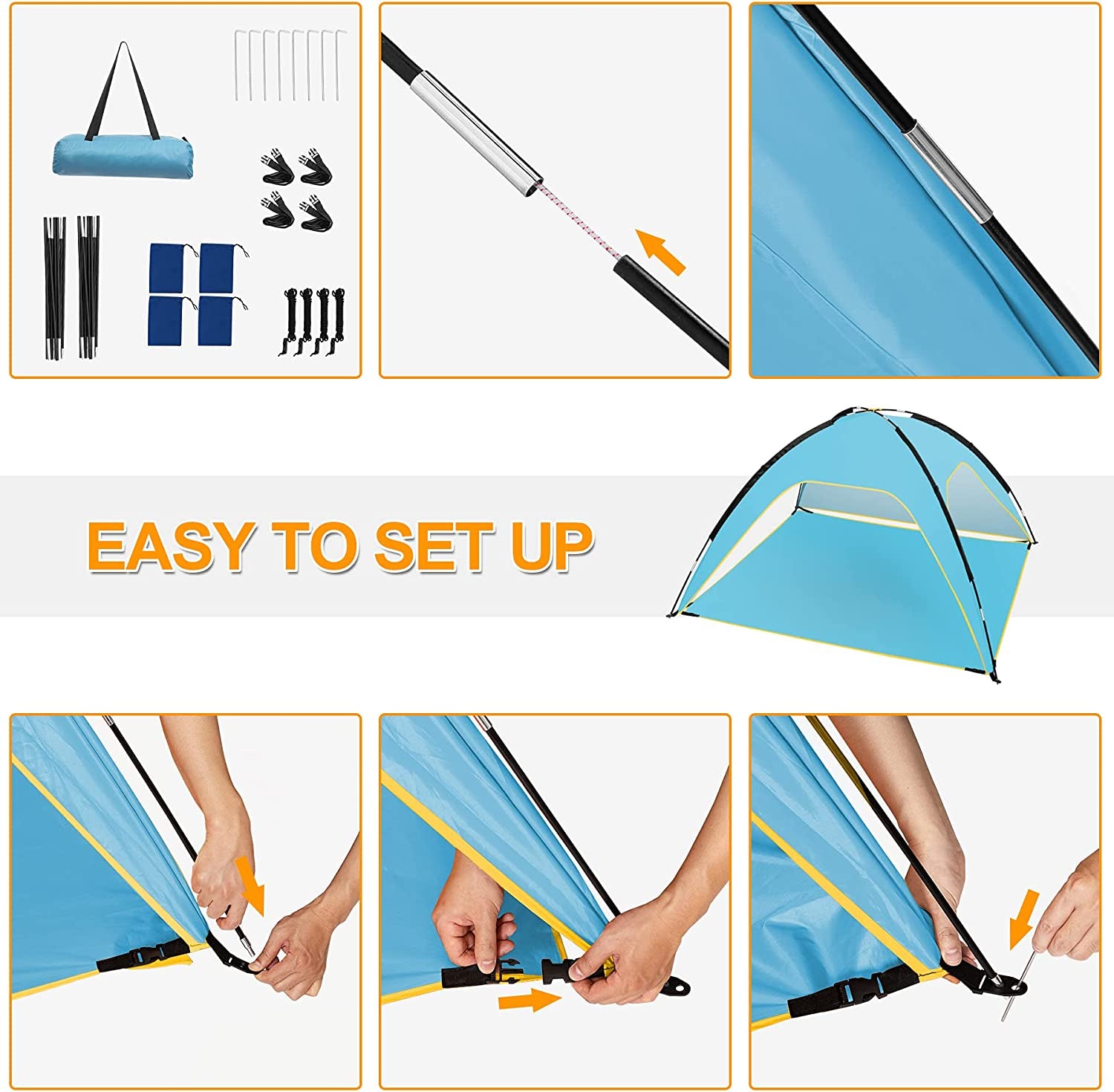 Beach Tent, Portable Beach Sun Shelter for UPF 50+ UV Protection, Easy Set up 3-4 Person Beach Tent Shade with Carry Bag, anti UV Beach Canopy Tent for Fishing Hiking Camping