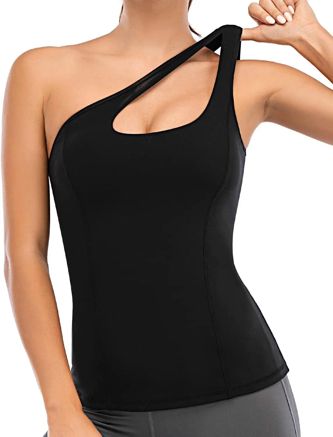 One Shoulder Tops for Women, Workout Tank Top with Built in Sports Bra Yoga Athletic Shirts Compression Running
