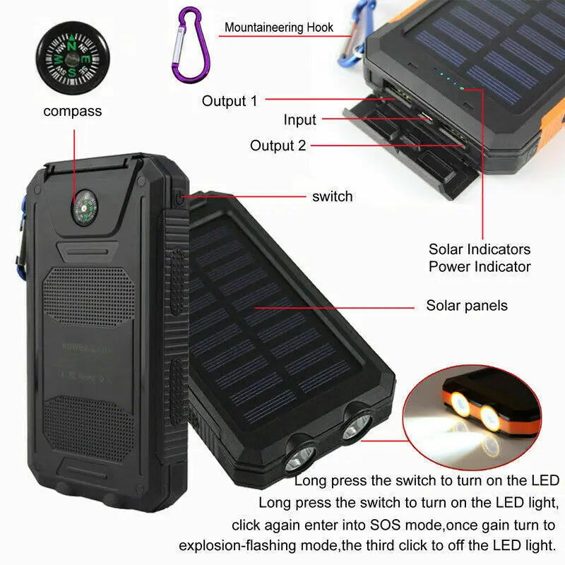 Super 20000Mah USB Portable Charger Solar Power Bank for Iphone Cell Phone 2023