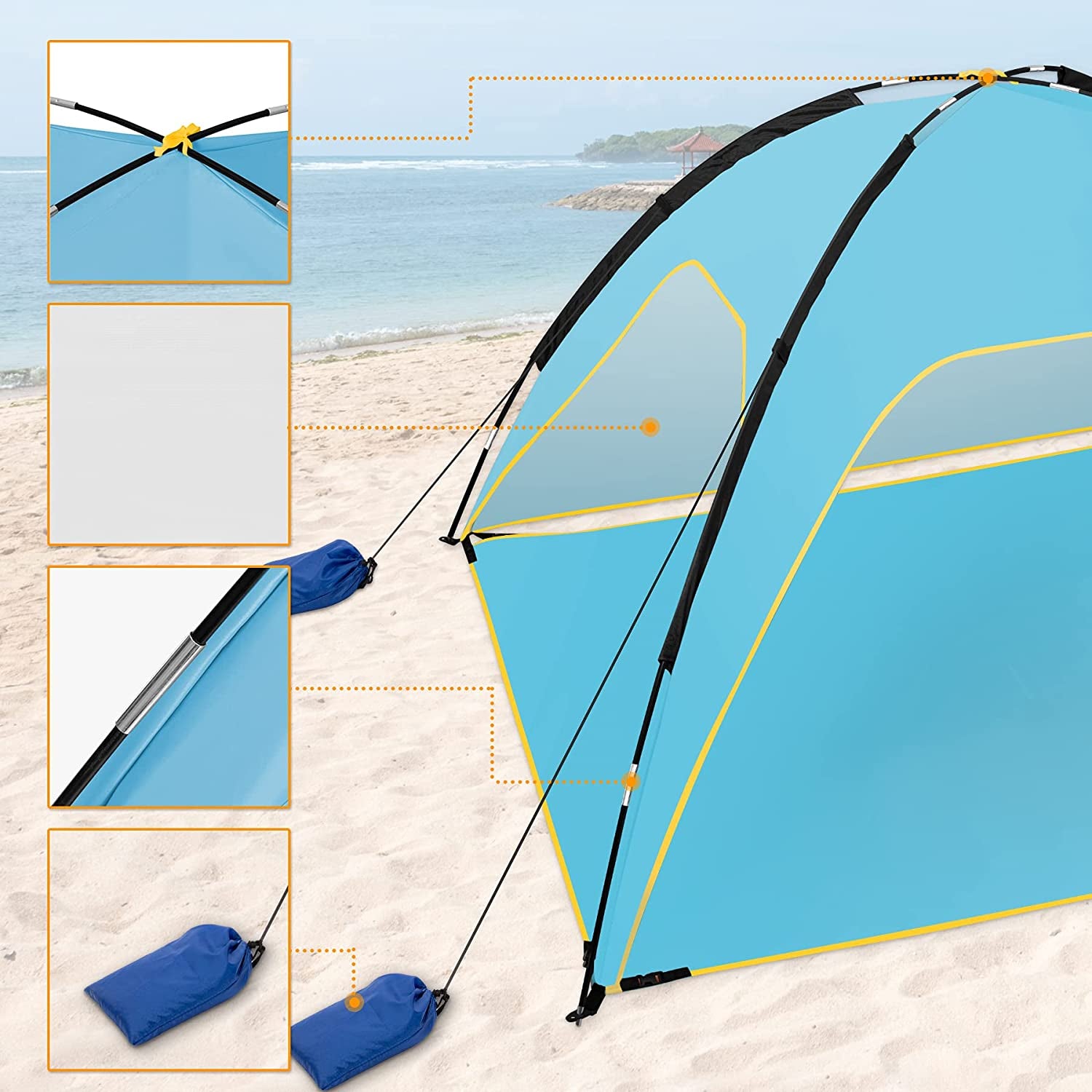 Beach Tent, Portable Beach Sun Shelter for UPF 50+ UV Protection, Easy Set up 3-4 Person Beach Tent Shade with Carry Bag, anti UV Beach Canopy Tent for Fishing Hiking Camping