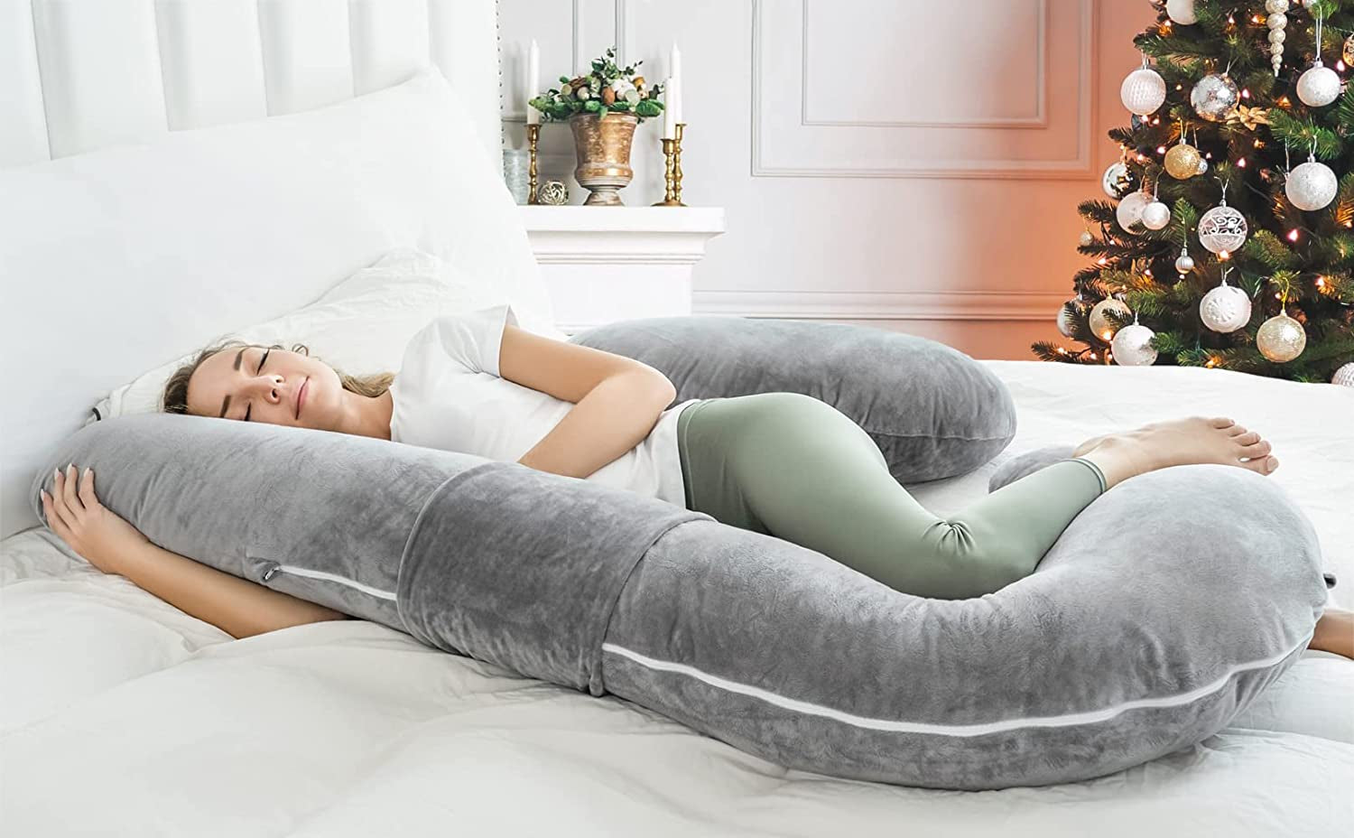 Pregnancy Pillows, U Shaped Pregnant Pillows for Sleeping, Maternity Full Body Support Pillow with Removable Velvet Cover, Gray