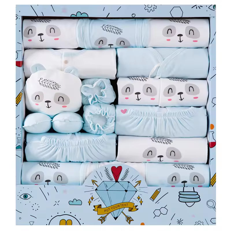 High Grade Autumn Comfortable Skincare Pure Cotton 18Pcs Blue Cute Newborn Baby Gift Set Box