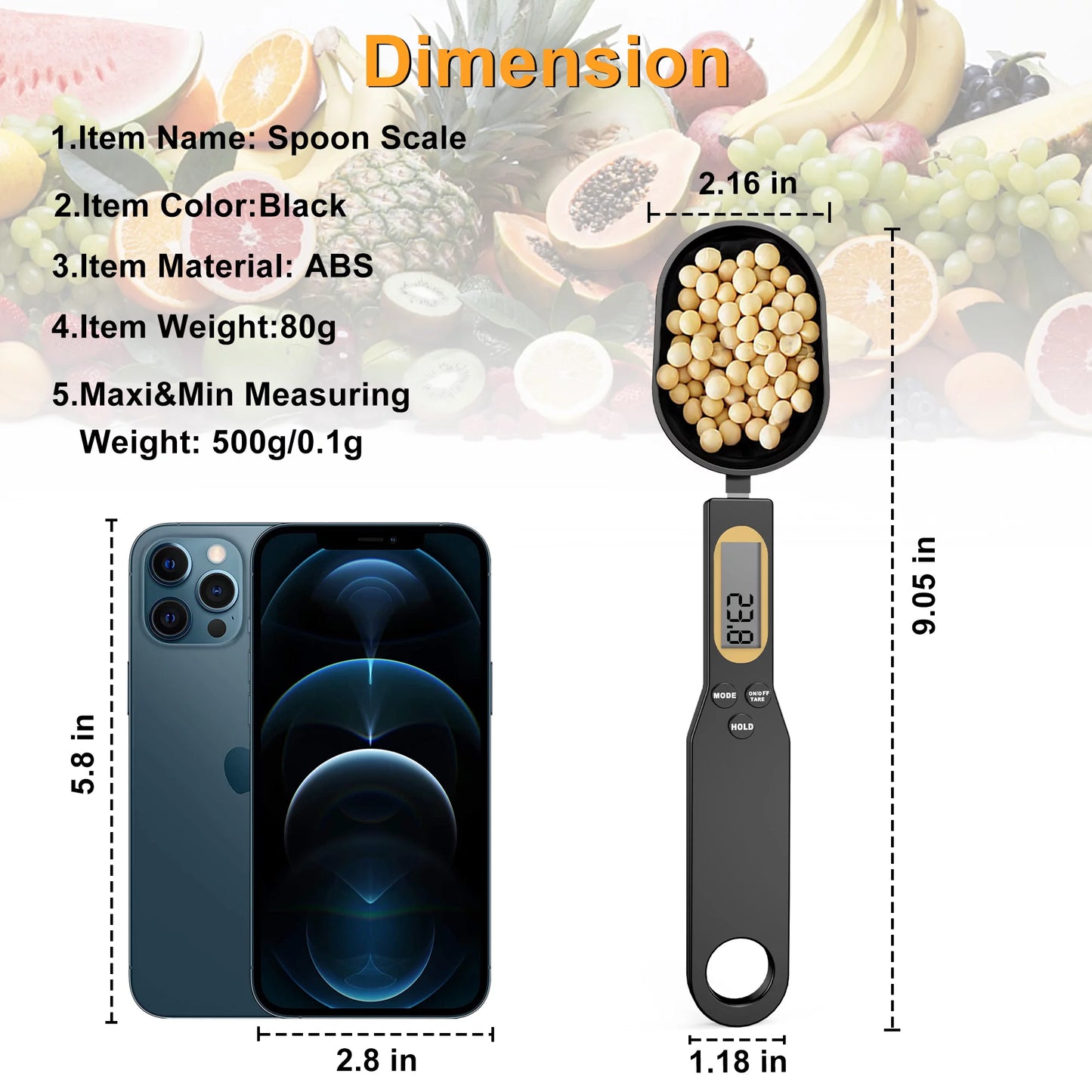 Kitchen Spoon Scale Digital Food Scale in Grams and Ounces Black 500G/0.1G Weighing Tools Household LCD Display