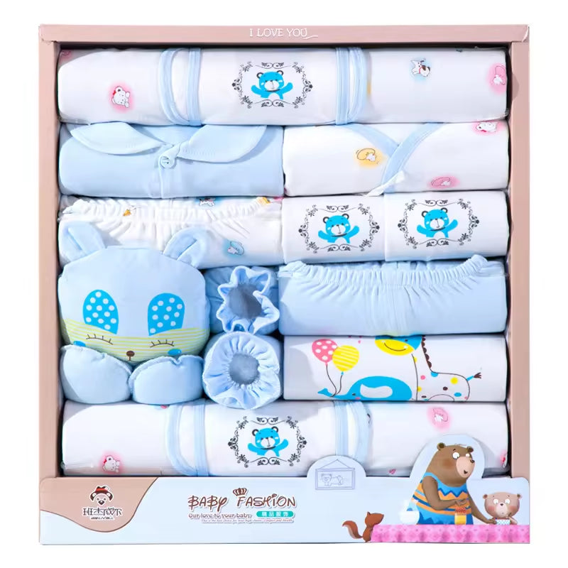 High Grade Autumn Comfortable Skincare Pure Cotton 18Pcs Blue Cute Newborn Baby Gift Set Box