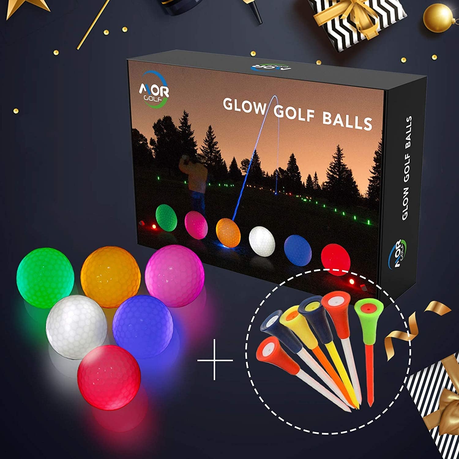 Glow Golf Balls, LED Constant Shining Golf Balls Glow in the Dark Golf Balls for Sport Multi Colors for Your Choice, Pack of 3, Orange, White, Pink and 3Pcs Golf Tees