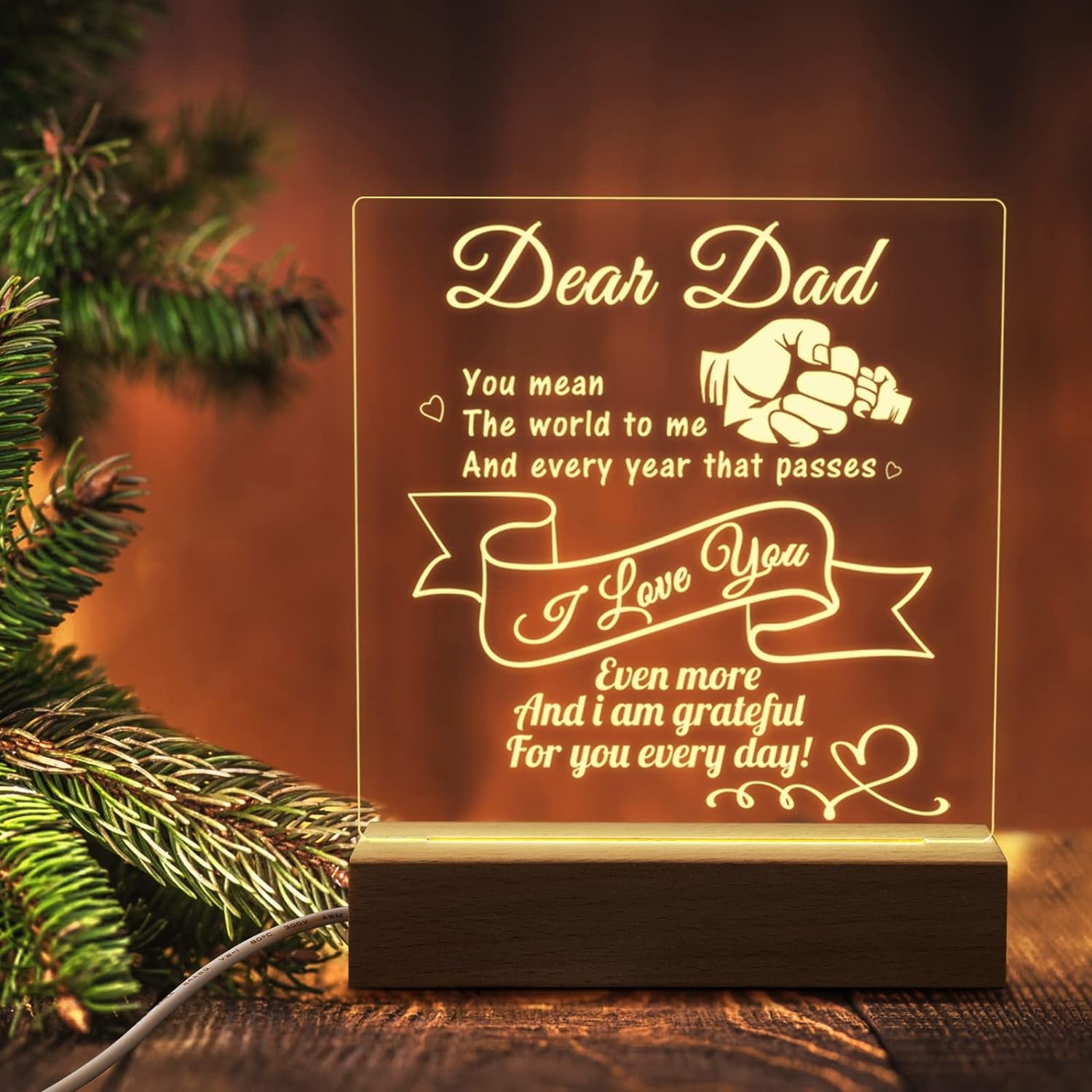 Christmas Gifts for Dad Night Light, to My Dad Gifts Personalized Engraved Night Lamp with Wooden Base, Anniversary Thanksgiving Birthday Gifts for Dad from Daughter Son