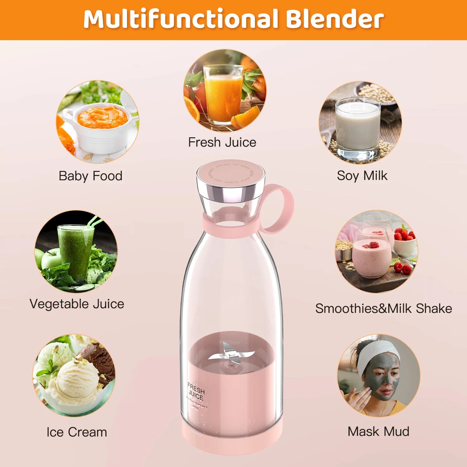 Portable Blender, Electric Blender Bottle Juicer Cup, Personal Blender for Shakes and Smoothies Mini Juicer Wireless Fruit Blenders Bottle Travel School Kitchen Juice Maker